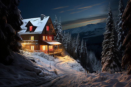 冬夜白雪皑皑的小屋图片