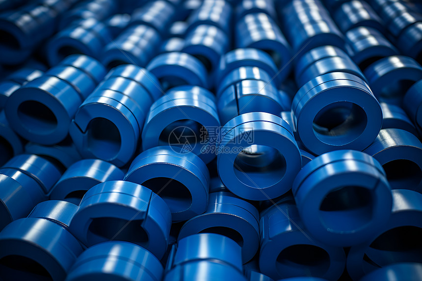 一堆蓝色管道在仓库内叠放图片