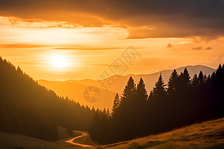 夕阳余晖中的山谷景观图片