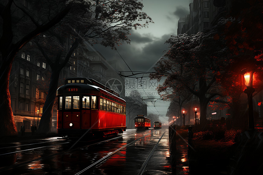 红色电车漫游夜色之街图片
