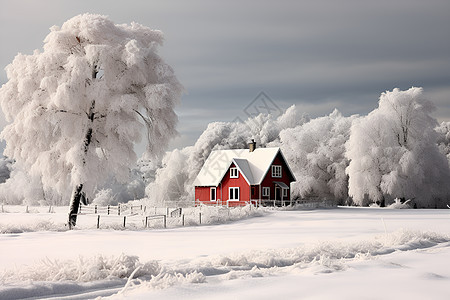 冬季雪景中的红色小屋图片