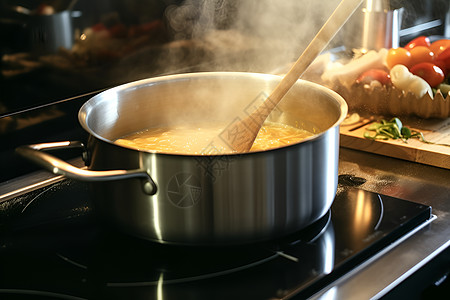 一锅汤正在炉子煮图片