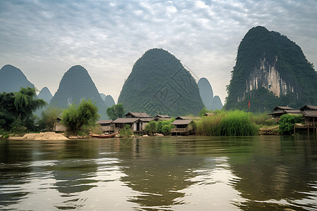 乡村的山脉湖泊背景图片