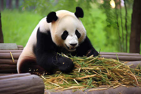 户外抱着干草的熊猫图片