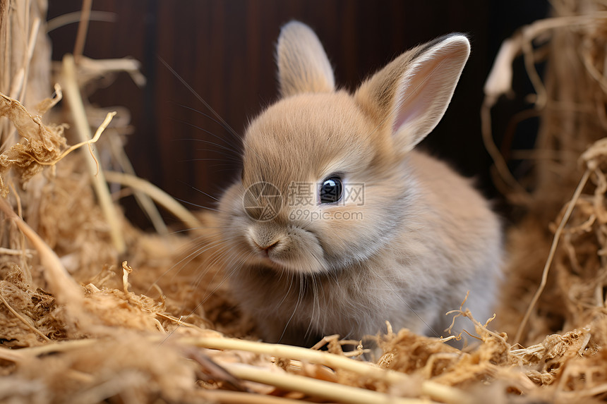 草堆上坐着的兔子图片