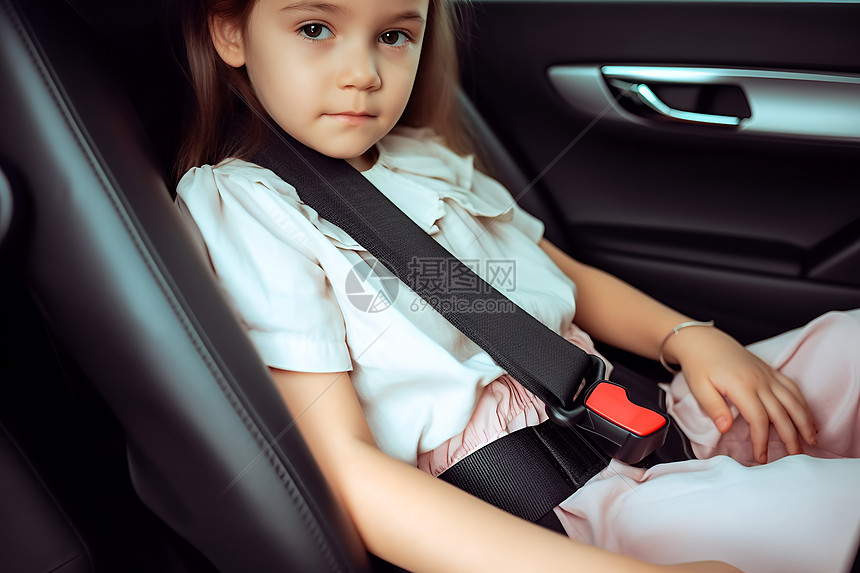 汽车座椅上系着安全带的女孩图片