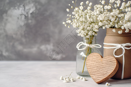 桌子上的花束和心形装饰品背景图片