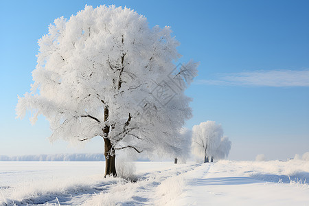 冰雪覆盖的山坡孤树图片