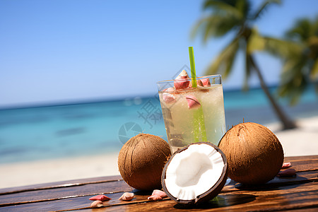 海滩上的椰子和饮品图片