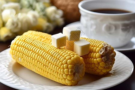 盘子里的玉米和黄油图片
