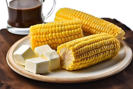 盘子里的黄油和玉米图片