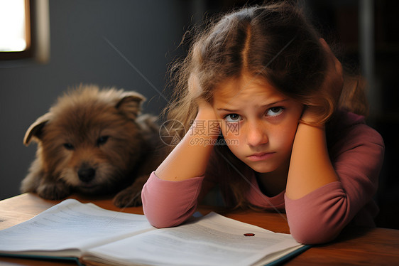 女孩和狗狗在桌上阅读图片