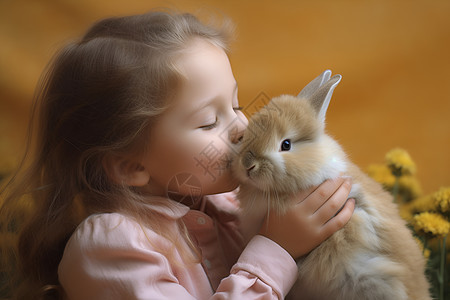 亲兔子的可爱女孩图片