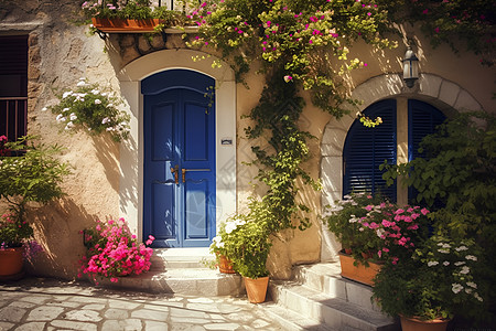房屋建筑的蓝色大门背景图片
