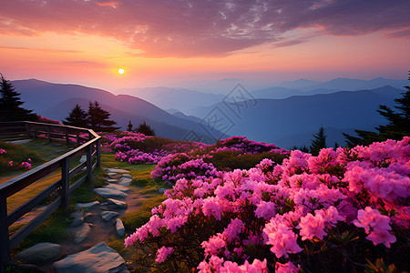 山顶矗立的粉色花海图片