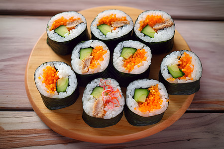木板上寿司桌子上的美味寿司背景