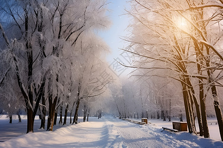 冬日阳光洒满林间雪径的景色图片