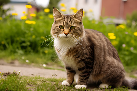 草地上一只猫图片