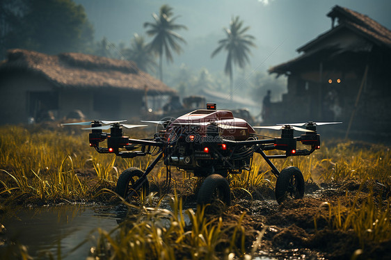 无人机喷洒稻田图片