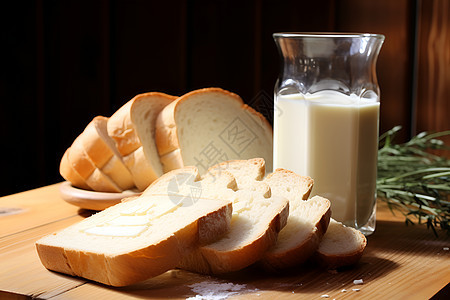 桌子上的面包和牛奶图片