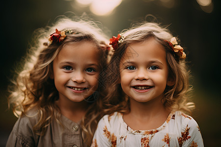 双胞胎姐妹微笑凝望远方图片