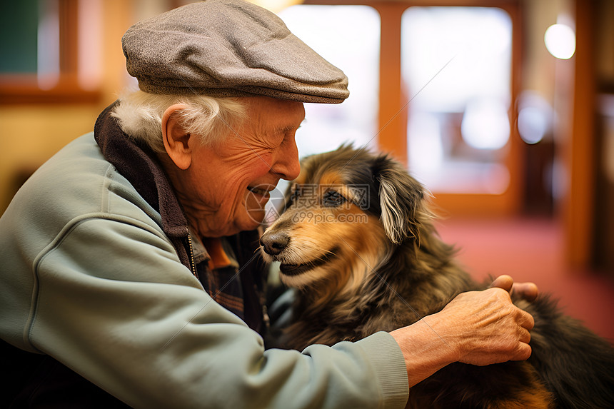 老人和狗温馨拥抱图片