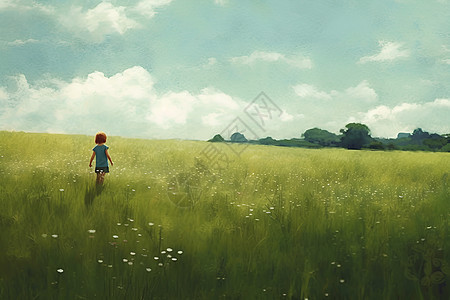 一个孩子独自在草地上玩耍图片