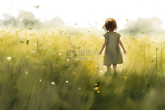 一个小孩在草地上图片