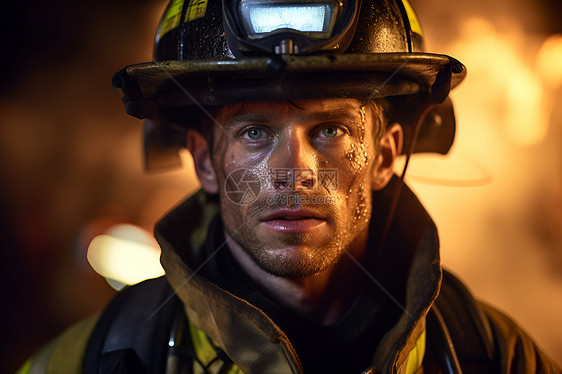 朝火光中凝视的消防员图片