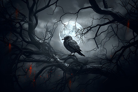 黑夜树枝上的野生乌鸦背景图片