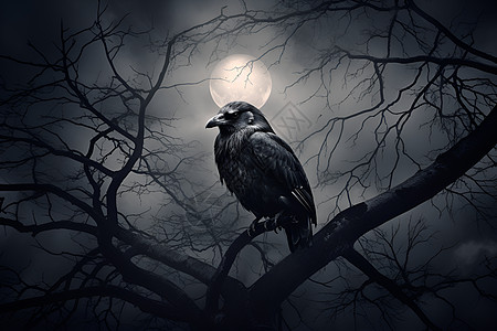 夜晚树枝上的乌鸦图片