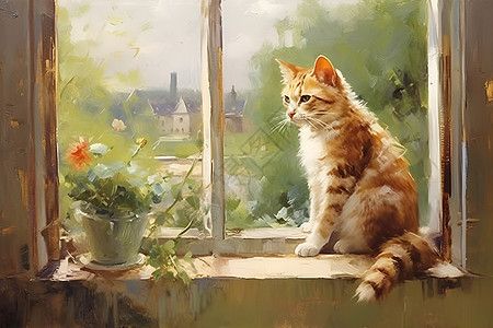 窗台上可爱的小猫绘画图片