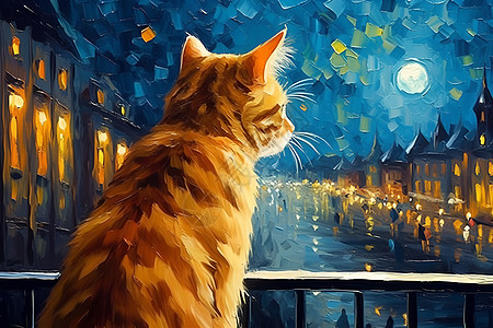 栏杆上可爱的小猫绘画背景图片