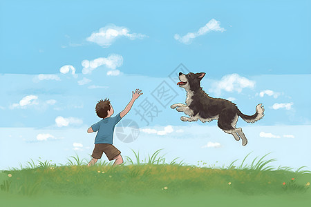 草坪上的男孩和小狗图片