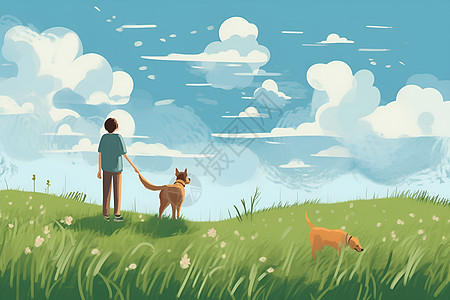 草坪上的男孩和狗狗图片