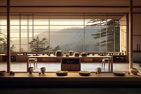 室内的茶馆茶具背景图片