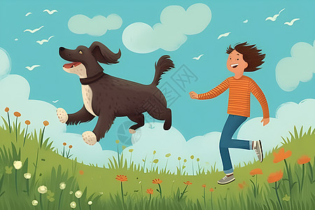 奔跑玩耍的狗狗和女孩图片