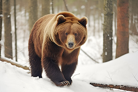 棕熊雪地漫步图片