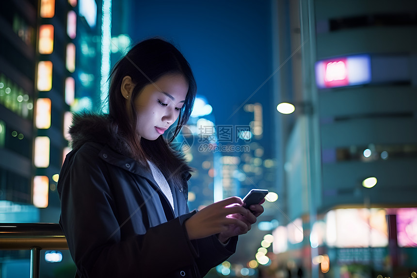 女子看着手机屏幕图片