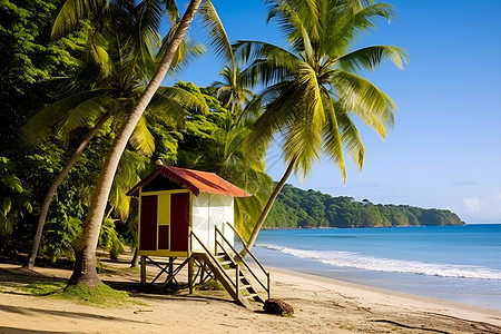 海岛椰子树海滩上一座小屋背景