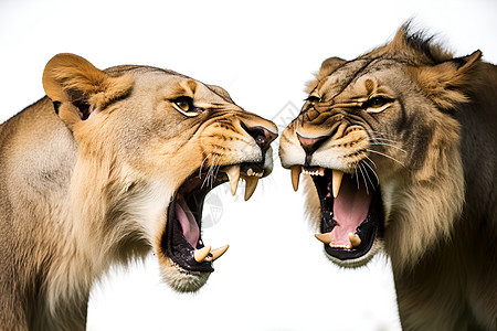 两只狮子张着大口互相搏斗高清图片
