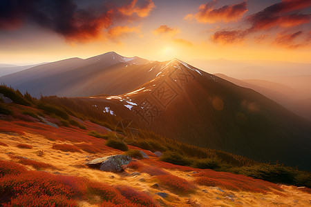 夕阳下的山峰 画图片