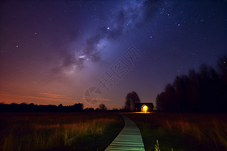 星空下的木质步道背景