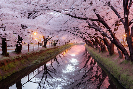 樱花河畔清澈流泉图片