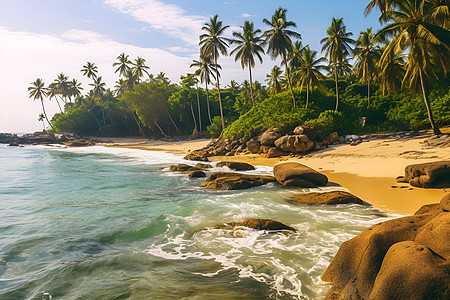热带海滩的椰树与沙滩图片