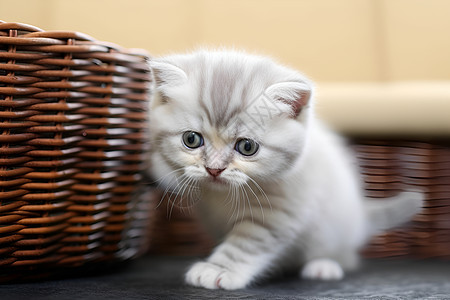 小白猫旁边的篮子图片