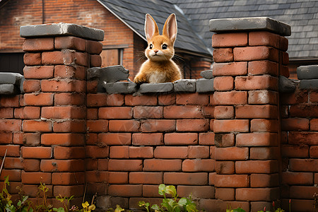 兔子守望红砖墙图片
