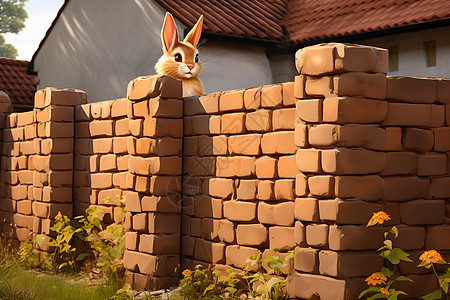 红砖墙一只兔子伸出头图片