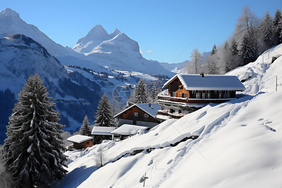 冰雪覆盖山脉小屋图片