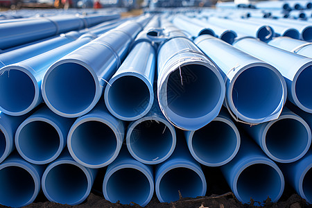 蓝色塑料管堆在施工工地上高清图片
